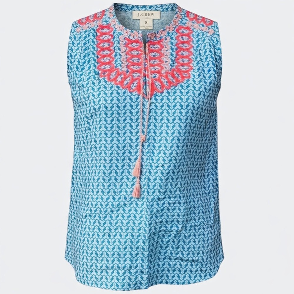 J.Crew Women's 8 Blue Geometric Sleeveless Embroidered Top Boho Chic